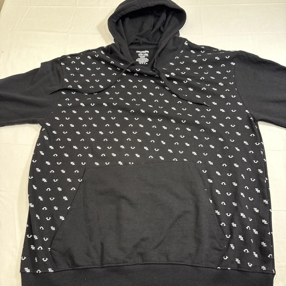 SWEATER SWEATSHIRT MENS XL True Religion All Over Print Hoodie Black/WHITE